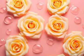Romantic creative layout with roses floating in water. Minimal nature abstract backdrop. Spa and cosmetic concept background, banner, card. Valentine or woman day. Flat lay, top view, copy space