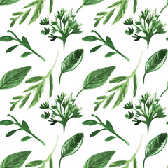 grass, leaves, herb branches watercolor hand drawn seamless vector pattern, botanical design print