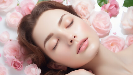 Obraz na płótnie Canvas A beautiful woman lying down with white and pink roses in the background. Beauty advertising photo, cosmetics shot, beauty industry advertisement.