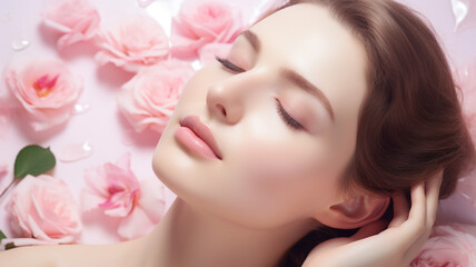 Obraz na płótnie Canvas A beautiful woman lying down with white and pink roses in the background. Beauty advertising photo, cosmetics shot, beauty industry advertisement.