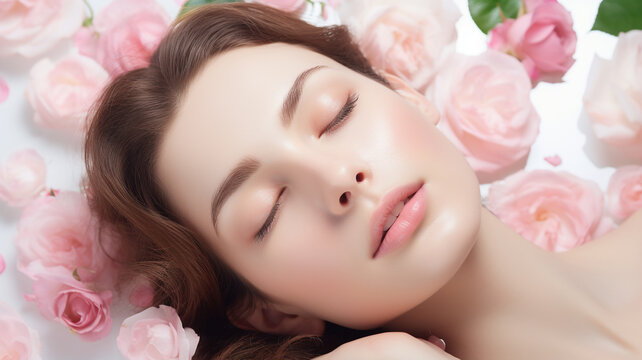 A beautiful woman lying down with white and pink roses in the background. Beauty advertising photo, cosmetics shot, beauty industry advertisement.