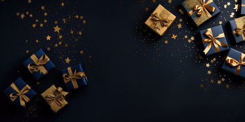 Elegant christmas card with golden gifts and large space for text on dark blue background texture