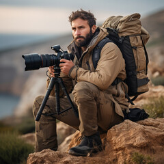 Nature and animal photographer with his camera and telephoto lens.