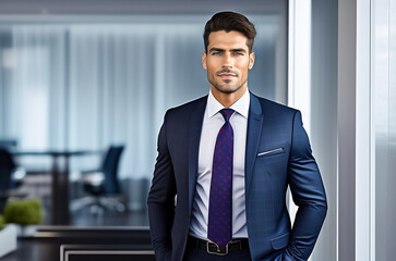 Fototapeta premium Confident handsome businessman in formal suit posing in modern office. Career, business growth and success concept