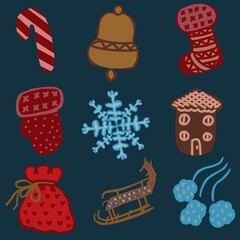 christmas icons set gift cookies with powdered sugar, cookies with glaze, mitten, sock, snowflake, house, gift bag, sleigh, snowballs, Christmas and New Year's sweets