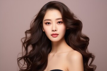 Fototapeta premium Beautiful Asian woman with long curly hair and perfect skin with makeup, facial treatment, beauty, plastic surgery.