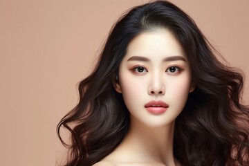 Naklejka premium Beautiful Asian woman with long curly hair and perfect skin with makeup, facial treatment, beauty, plastic surgery.