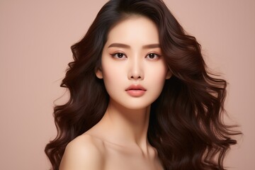 Naklejka premium Beautiful Asian woman with long curly hair and perfect skin with makeup, facial treatment, beauty, plastic surgery.