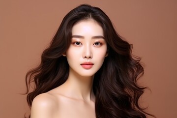 Fototapeta premium Beautiful Asian woman with long curly hair and perfect skin with makeup, facial treatment, beauty, plastic surgery.