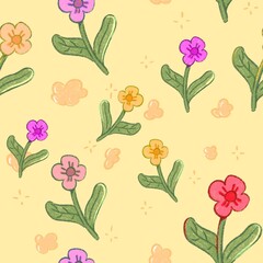 flower cartoon illustration seamless pattern in yellow background.