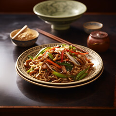 American-Chinese cuisine,  chop suey, consisting of meat, chicken, pork, noodles and eggs. vegetables such as bean sprouts, cabbage, and celery and bound in a starch-thickened sauce - Generative AI