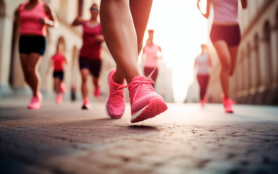 Women wearing pink clothes and shoes for breast cancer awareness marathon. Low view photo of women running for cancer race.