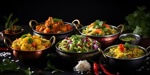 Assorted   food for lunch or dinner, rice, lentils, paneer butter masala, palak panir, dal makhani, naan, green salad, Assorted food on black background, generative AI