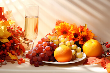 an assortment of fruit in a glass bowl at the base of a table
Happy Thanksgiving. Thanksgiving pumpkins and Autumn leaves. Thanksgiving Food Party. Thanksgiving Concept.Thanksgiving Background. Thanks