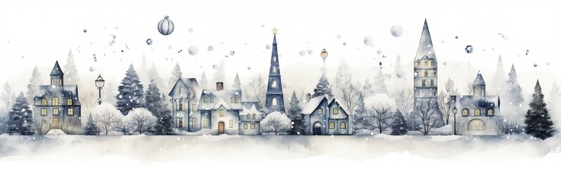A beautiful small town covered with snow in winter with trees, buildings, houses, magic christmas balls, snowflakes, magical fairy-tale setting, lovely naive drawing decorative frieze or page border - obrazy, fototapety, plakaty