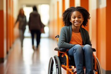 Portrait of smiling schoolgirl sitting in wheelchair at elementary school. Disabled schoolgirl smiling sitting in wheelchair at school. Generative AI