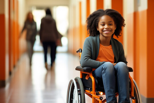 Portrait of smiling schoolgirl sitting in wheelchair at elementary school. Disabled schoolgirl smiling sitting in wheelchair at school. Generative AI