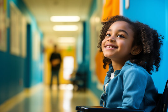 Portrait of smiling schoolgirl sitting in wheelchair at elementary school. Disabled schoolgirl smiling sitting in wheelchair at school. Generative AI