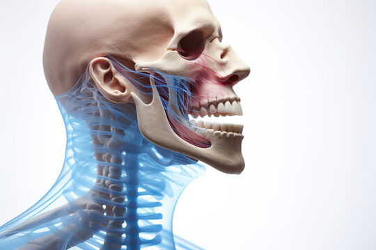 Skull bones of the human head with arteries and veins, anatomy. Human skull on a white background. Generative AI