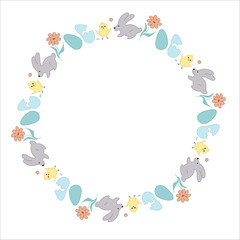 Easter wreath. Rabbit ears, flowers, heart, Willow buds. Doodle vector illustration. Happy Easter.