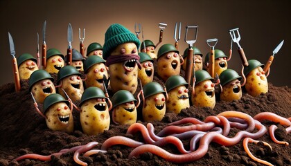 Humorous image of potatoes dressed as soldiers, complete with weaponry and a humorous undertone - obrazy, fototapety, plakaty