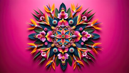 A stunning and vibrant floral mandala arrangement against a bold pink background, full of color