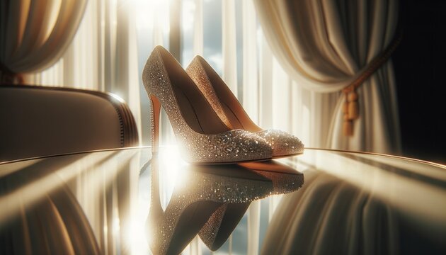 Fashion photo of sparkling high heel shoes elegantly positioned on a mirrored reflection