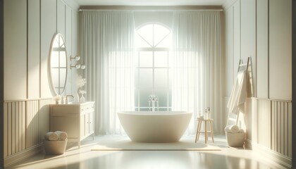 Fototapeta na wymiar Spacious and bright contemporary bathroom featuring a freestanding tub and large window with sheer curtains