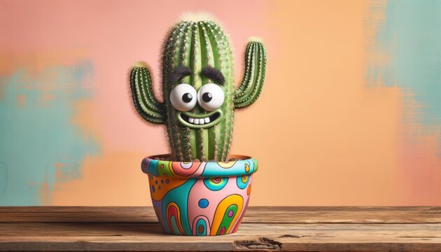 Whimsical image of a green cactus with large cartoon eyes in a colorful pot