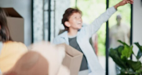 Happy family, front door and moving in new home, property or real estate investment together. Excited parents, grandparents and children for relocation, building or apartment to explore at house