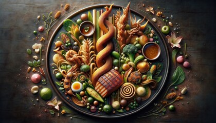 Colorful and creative display of various foods artistically arranged in a circular composition on a dark background