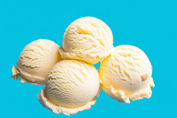 Scoops of vanilla ice cream isolated on a blue background.