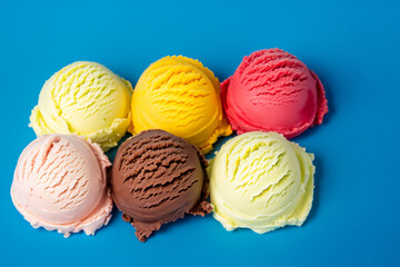 The image depicts a vibrant and colorful arrangement of ice cream scoops, each representing a...