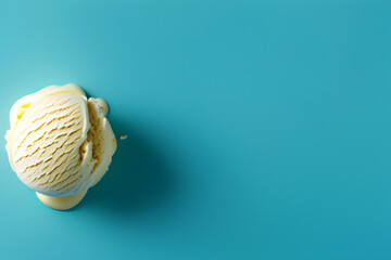 Scoop of vanilla ice cream on blue background with copy space