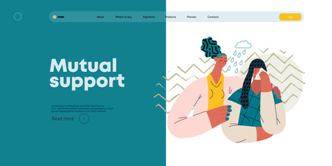 Mutual Support: Emotional aid and support -modern flat vector concept illustration of a woman comforting her friend in her sorrow A metaphor of voluntary, collaborative exchanges of resource, services - obrazy, fototapety, plakaty