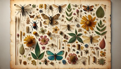 Antique collection display of various insects and botanical illustrations on aged paper - obrazy, fototapety, plakaty