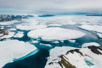 Antarctic icebergs and ice floes float in the vast, frigid ocean. The ice formations, sculpted by...