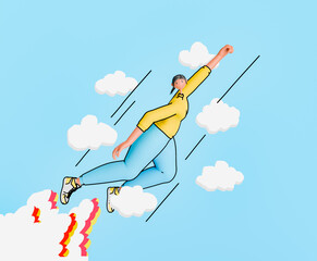 A 3d rendering of a cartoon woman depicted flying among stylized clouds against a blue background, evoking a sense of freedom and adventure.