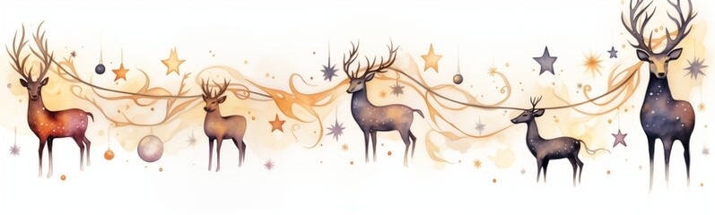 Beautiful herd of deer, reindeer in snow, festive garland of golden and silver stars and balls, light aerial magic dream volutes, winter fairy tale illustration page divider or border, watercolor art - obrazy, fototapety, plakaty
