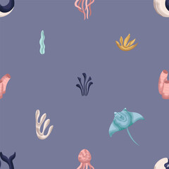 Marine seamless pattern. Watercolor sea plants, stingray, jellyfish, whale. Template for paper, fabric, textile, banner. Vector illustration on isolated background in modern style.