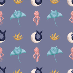 Marine seamless pattern. Watercolor whale, dolphin, jellyfish, stingray. Template for banner, paper, fabric, textile. Vector illustration on isolated background in modern style.