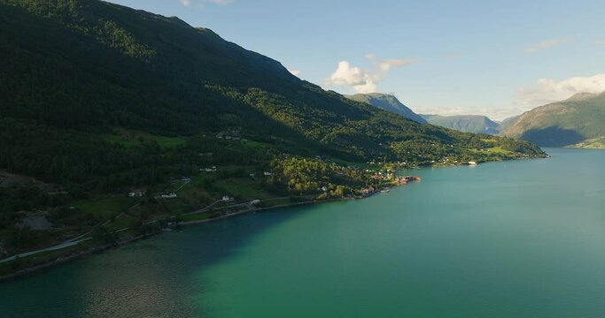 Idyllic View Of Lustrafjorden During Summer On The West Coast Of Norway, Europe. Aerial Wide Shot
