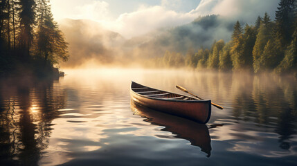 A canoe on a lake with fog in the air and trees - obrazy, fototapety, plakaty