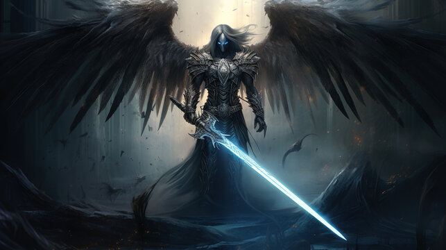 Dark warrior angel with medieval sword. fantasy background