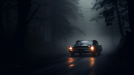 Fototapeta na wymiar A car driving down a road in the foggy night.