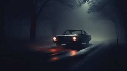 A car driving down a road in the foggy night.