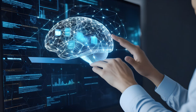 Business man hands using  an hologram which  projects  images reffered to data analysis, coding computer language with digital brain, machine learning on a computer.