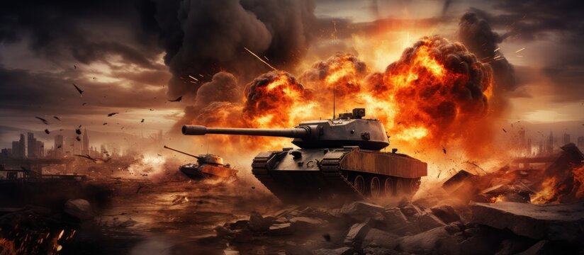 A tank war machine on battlefield with burning fire and smoke clouds. AI generated image