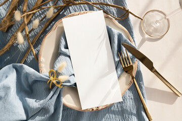 4x9 menu card mockup with golden cutlery on plate 