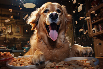A naughty golden retriever dog causing chaos in a kitchen sending biscuits and cookies flying. - obrazy, fototapety, plakaty